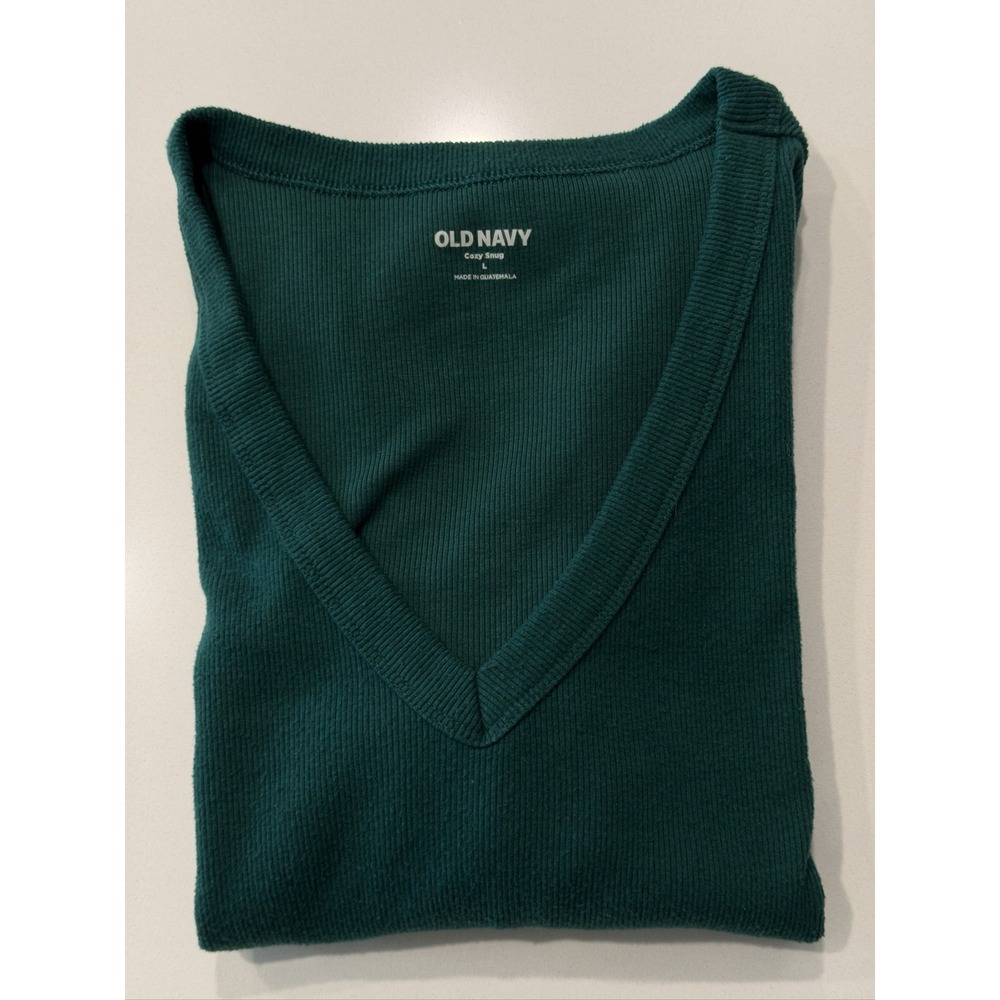 Old Navy Cozy Snug Women's L Dark Green Ribbed V-Neck Long Sleeve Shirt